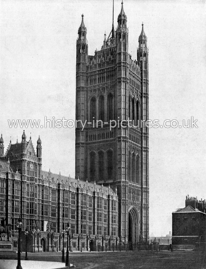 The Victoria Tower and Royal Entrance, Houses of Parliament, Wesminter, London. c.1890's.